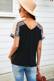 leopard sleeve side slit v neck tee shirt