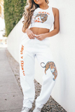 White Casual Print Letter Harlan Mid Waist Harlan Positioning Print Bottoms