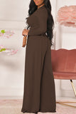 Dark Brown Casual Solid Split Joint Fold O Neck Long Sleeve Two Pieces