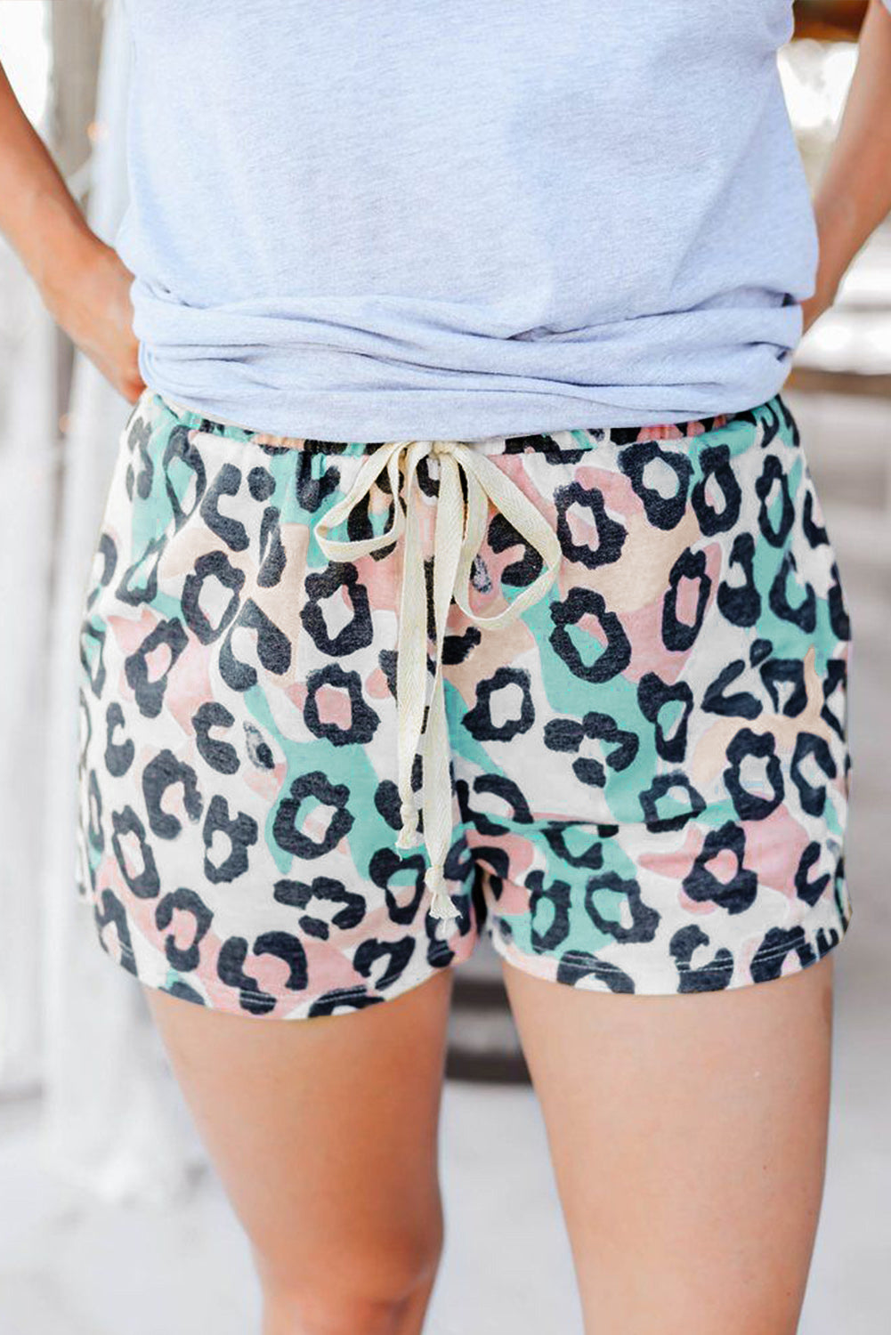 Print Elastic Waist Drawstring Shorts With Pocket