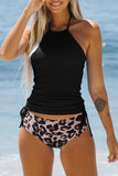 Halter Neck Side Shirring Top and Leopard Panty Tankini Set