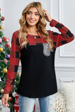 plaid long sleeve tee with sequin pocket