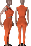 Tangerine Casual Solid Split Joint Buckle Turndown Collar Sleeveless Two Pieces