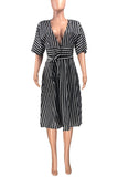 Black Casual Striped Print Split Joint V Neck Short Sleeve Dress Dresses