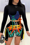 Black Fashion Casual Patchwork Bandage O Neck Long Sleeve Two Pieces