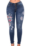 Floral Embroidered Whisker Detail Skinny Jeans