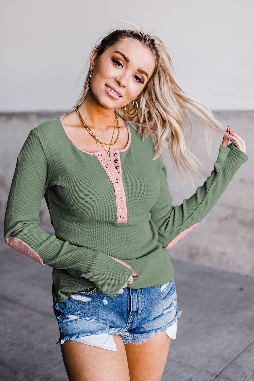 Contrast Elbow Patch Green Long Sleeve Top