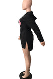 Black Casual Print Split Joint Slit Asymmetrical Hooded Collar Straight Dresses