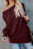Wine Slouchy One Shoulder Dolman Sleeves Ribbed Sweater