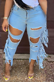 Blue Casual Solid Tassel Ripped Plus Size Jeans
