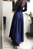 Dark Blue V-neck Lace Backless High and Low Hem Evening Dress