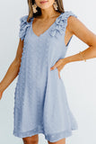 Swiss Dot V Neck Ruffled Sleeveless Mini Dress