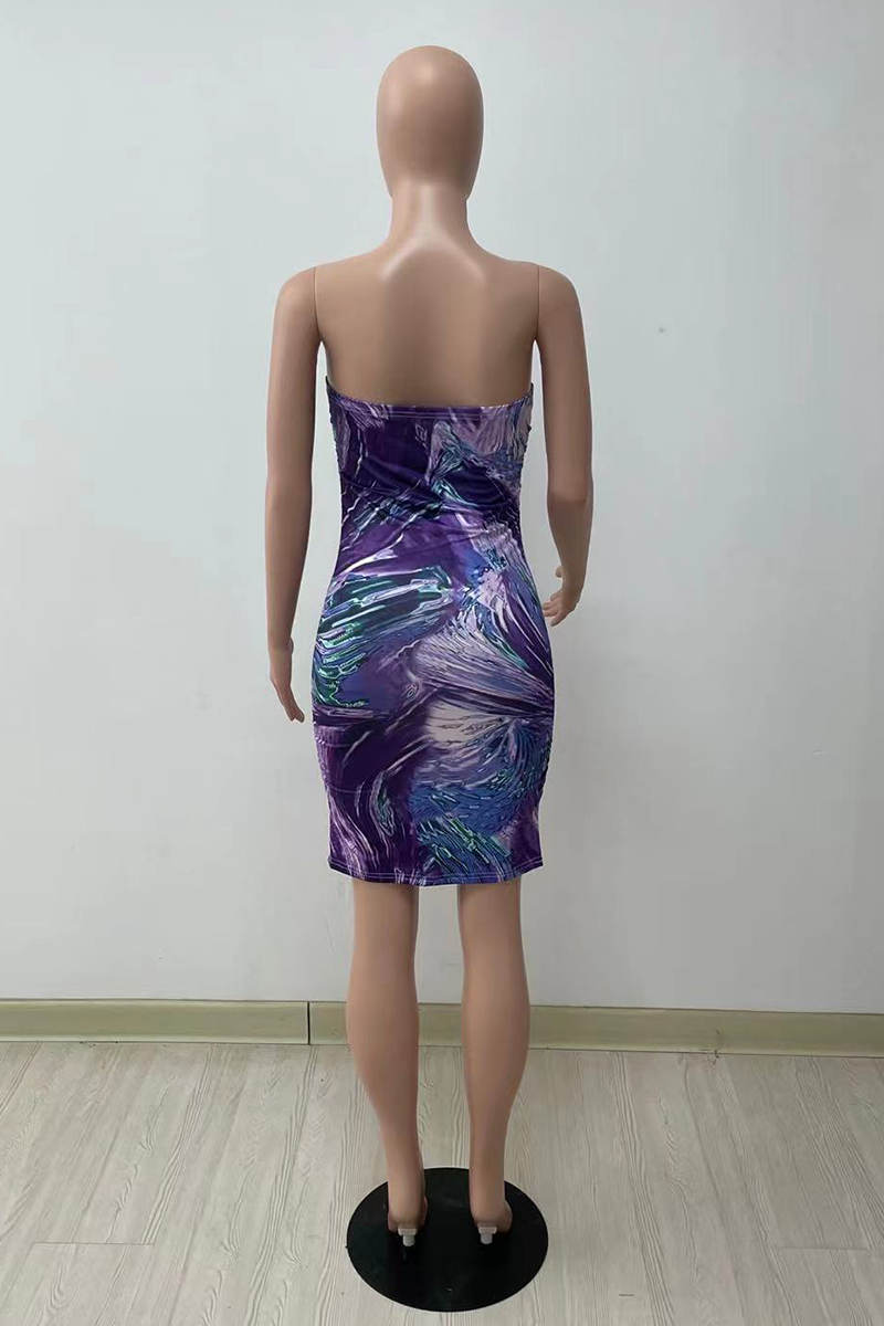 Rose Red Sexy Print Split Joint Strapless Pencil Skirt Dresses