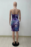 Rose Red Sexy Print Split Joint Strapless Pencil Skirt Dresses
