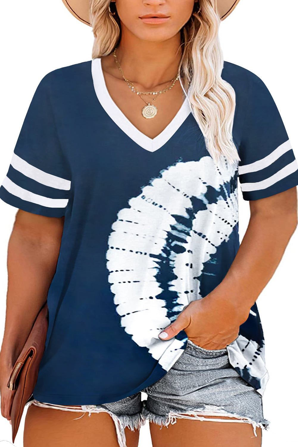 Plus Size Tie-dyed Striped Short Sleeve V Neck T-shirt