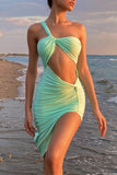 Light Green Fashion Sexy Solid Hollowed Out Backless One Shoulder Sleeveless Dress