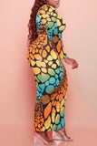 Multicolor Fashion Casual Plus Size Print Basic U Neck Long Sleeve Dresses