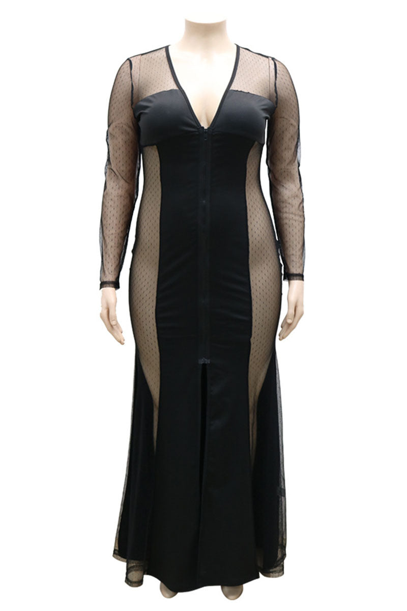 Black Sexy Solid Split Joint See-through Zipper V Neck Plus Size Dresses
