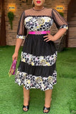 Casual Print Patchwork See-through With Belt O Neck A Line Plus Size Dresses