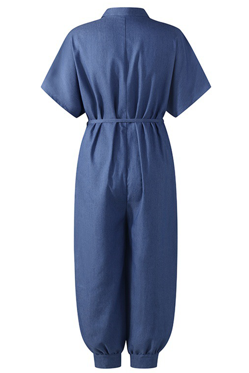 Light Blue Casual Solid Split Joint Turndown Collar Harlan Jumpsuits