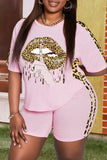 Pink Fashion Casual Print Split Joint O Neck Plus Size Two Pieces