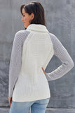 Button Turtle Cowl Neck Asymmetric Hem Wrap Pullover Sweater