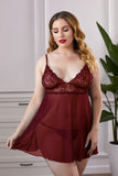 Wine Lace Mesh Plus Size Babydoll with Thong