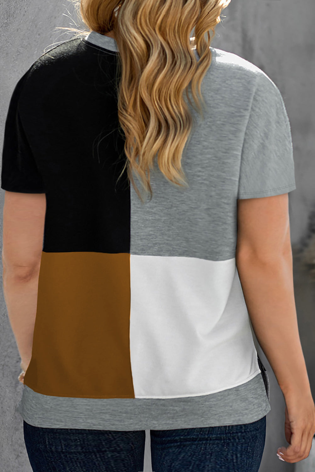 Khaki Plus Size Crew Neck Colorblock T-shirt