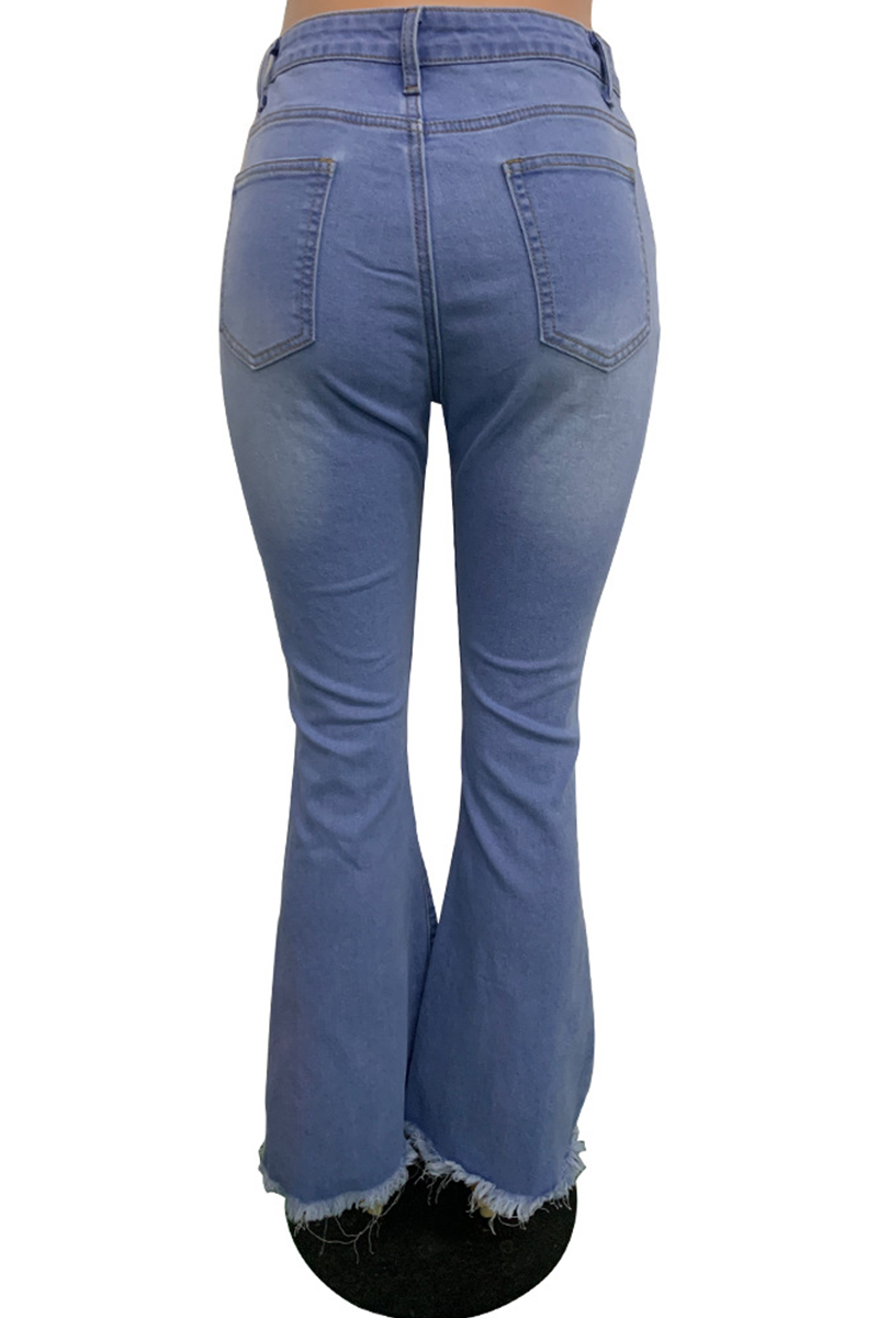 Blue Casual Solid Ripped Mid Waist Boot Cut Denim Jeans