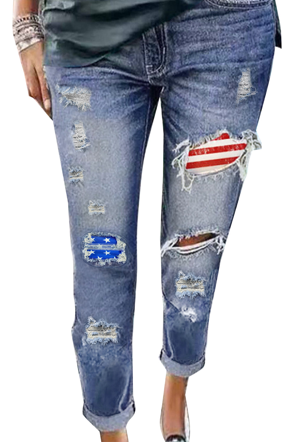 Vintage Stripes and Stars Patches Ripped Jeans