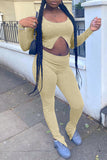 Yellow Fashion Casual Solid Slit O Neck Long Sleeve Two Pieces