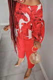 Red Casual Patchwork Tie-dye Off the Shoulder Plus Size Two Pieces