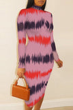 Pink Fashion Casual Print Basic Half A Turtleneck Long Sleeve Dresses