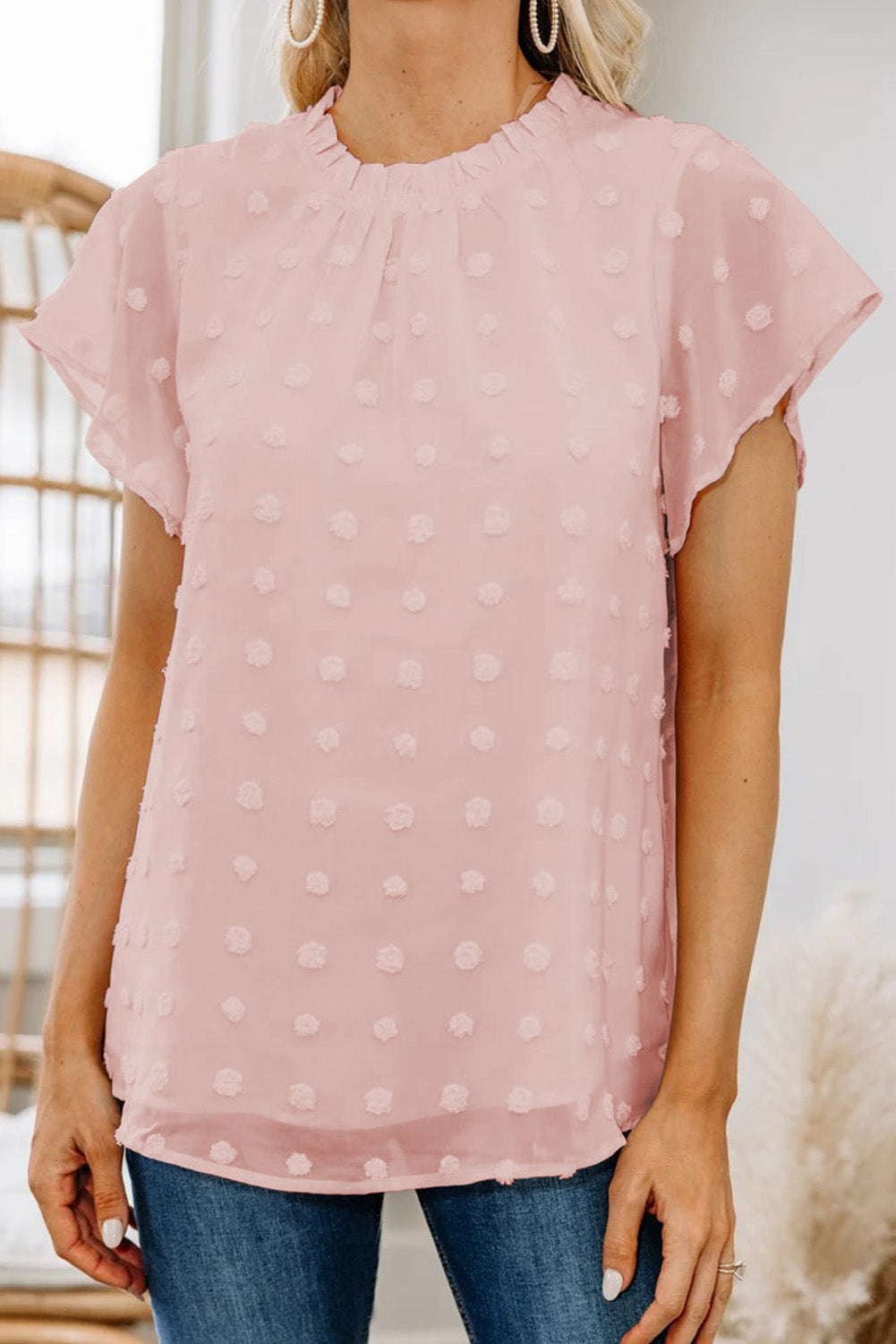 Blush Pink Ruffled Sleeve Swiss Dot T-shirts
