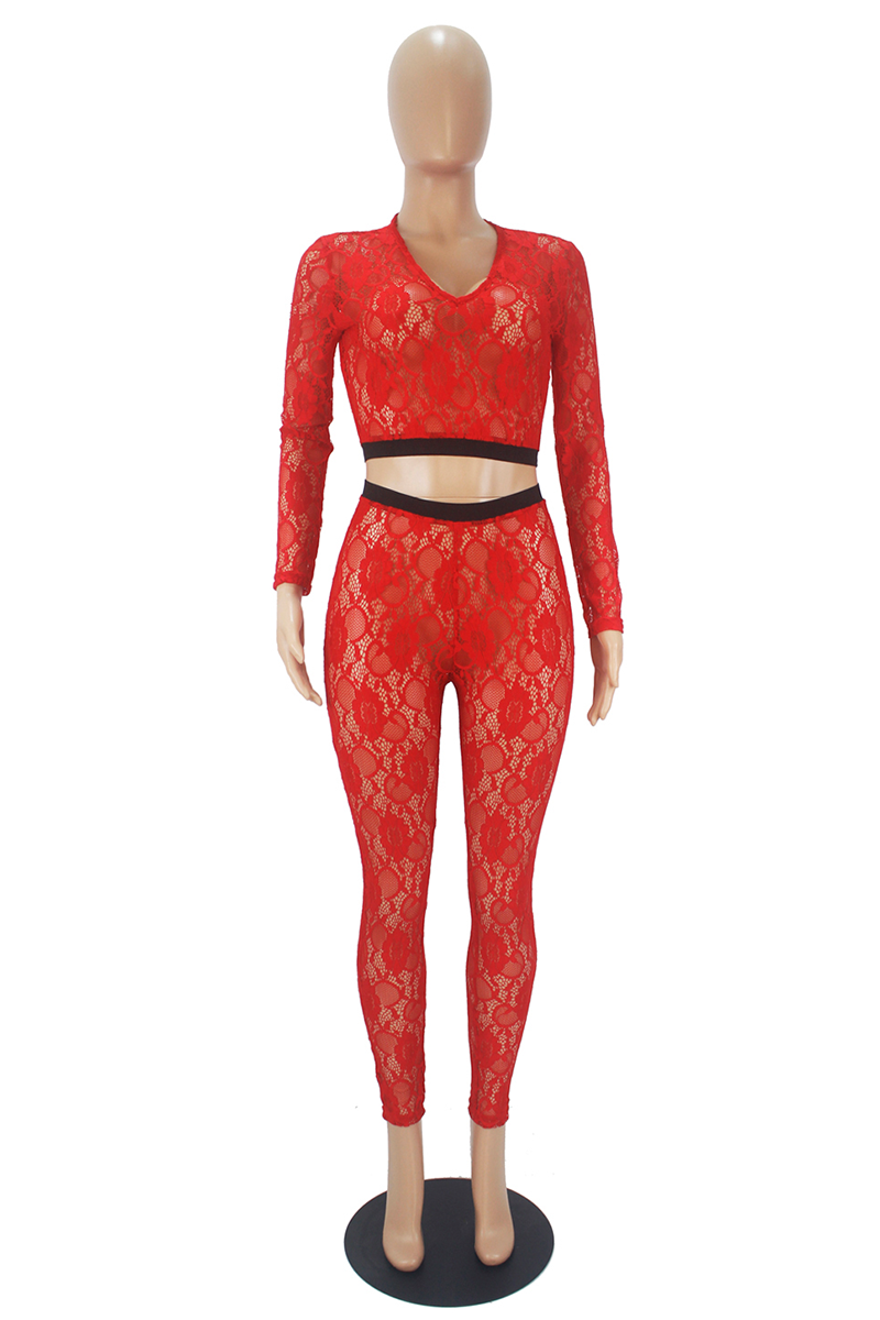 Red Sexy Patchwork Lace V Neck Long Sleeve Two Pieces