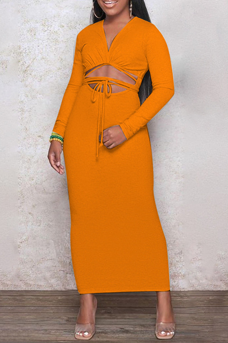 Orange Fashion Casual Solid Leopard Bandage Hollowed Out V Neck Long Sleeve Dresses