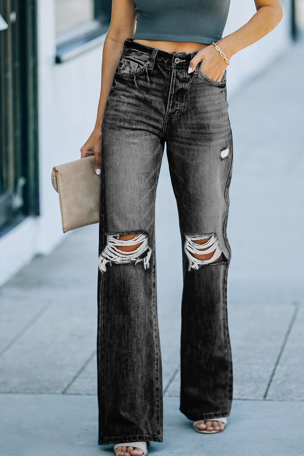 High Waist Distressed Ripped Hole Flare Jeans