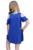 Cobalt Blue Ruffle Cold Shoulder Dress for Little Girls
