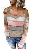 Multicolor Trim Colorblock Stripes Cold Shoulder Hollow-out Sweater