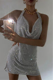 Silver Fashion Sexy Rhinestone Backless Halter Sleeveless Dress