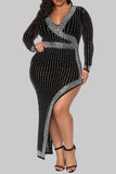 Black Fashion Sexy Plus Size Hot Drilling Split Joint Slit V Neck Long Sleeve Dresses