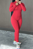 Rose Red Casual Solid Split Joint Zipper Collar Skinny Jumpsuits