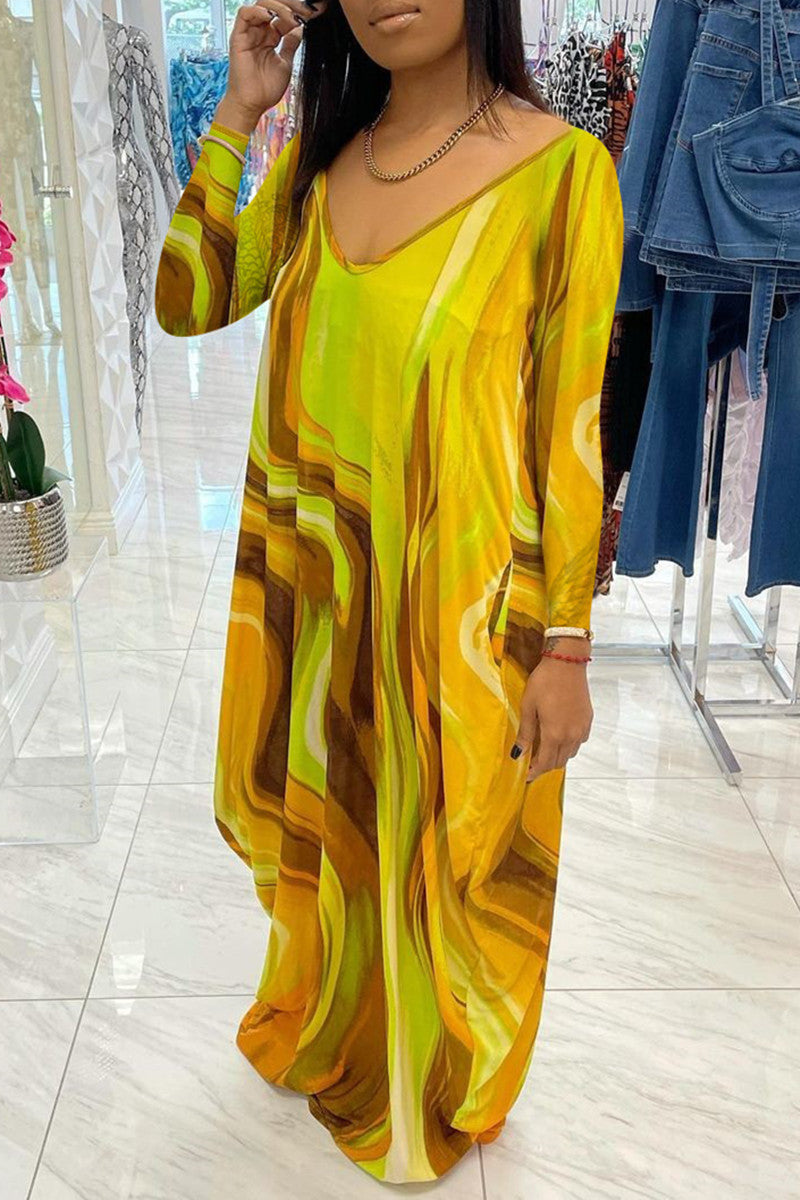 Yellow Fashion Casual Print Basic V Neck Long Sleeve Dresses