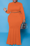Tangerine Red Casual Solid Split Joint Half A Turtleneck Plus Size Two Pieces