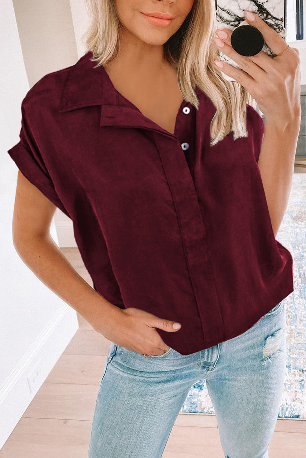 Wine Red Collared Button Short Sleeves Shirt