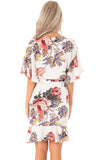 Floral Print V Neck Wrap Dress with Ruffle Sleeves