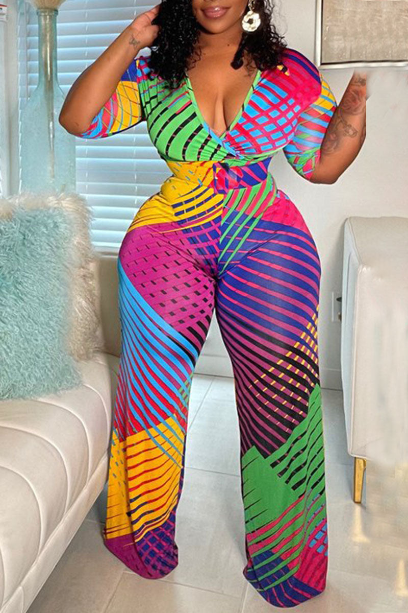 Colour Sexy Striped Print Split Joint With Belt V Neck Plus Size Jumpsuits