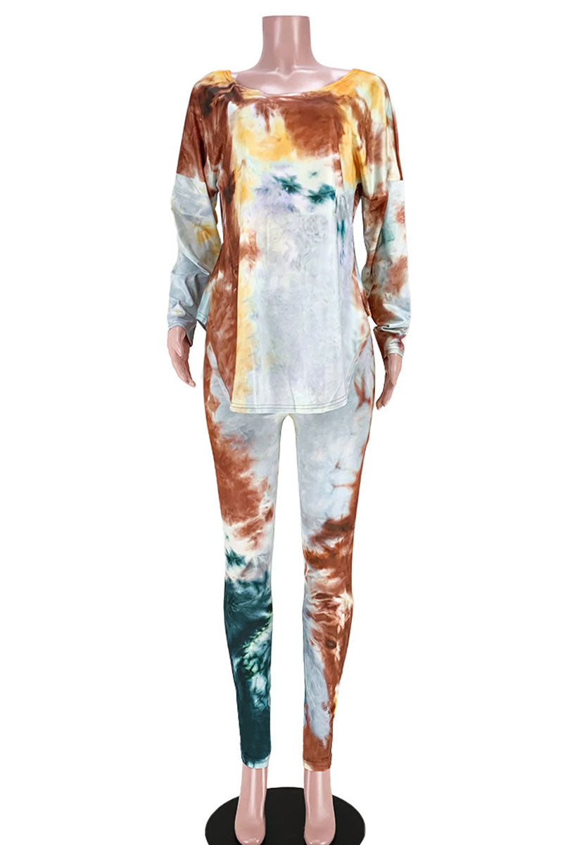 Brownness Casual Print Tie Dye Split Joint Backless Knotted O Neck Long Sleeve Two Pieces