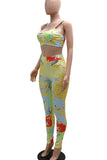 Yellow Sexy Print Split Joint Spaghetti Strap Sleeveless Two Pieces (Without Belt)