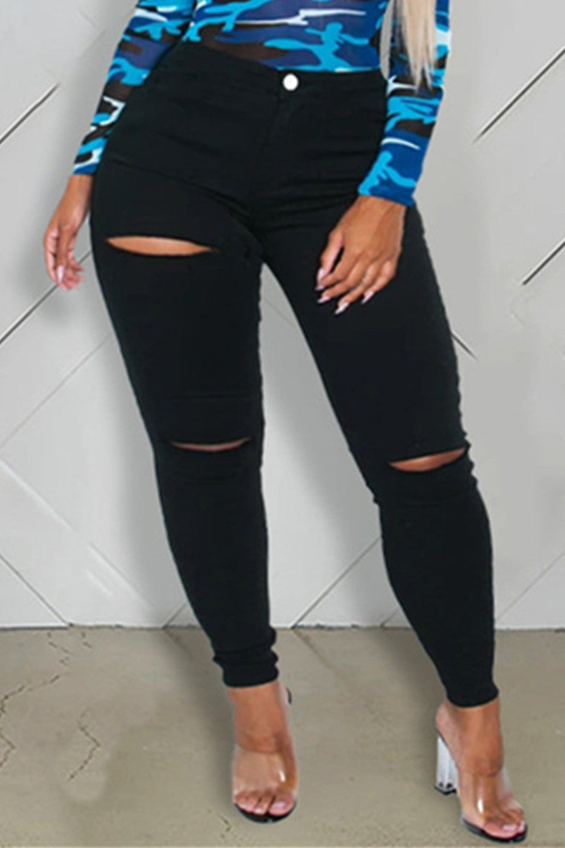 Black Fashion Casual Solid Ripped High Waist Skinny Jeans